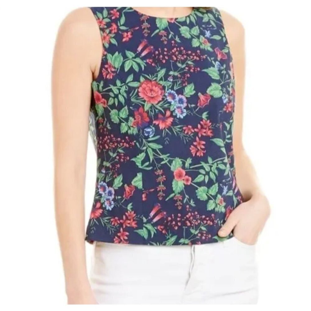 J. McLaughlin Amelia Navy/Multicolor Floral Stretch Sleeveless Top Size 2 Tank